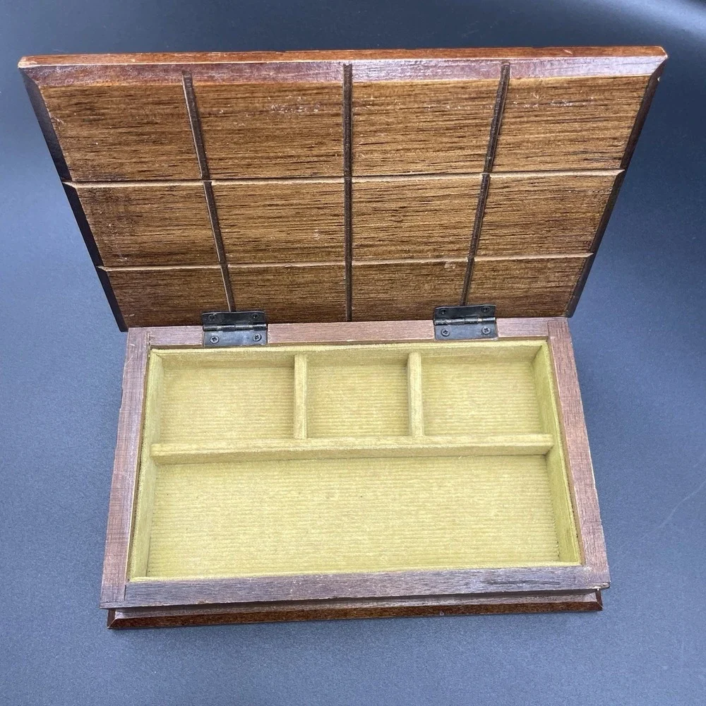 Vintage Carved Wooden Jewelry Box with Green Corduroy Lining Hinged Lid - MCM